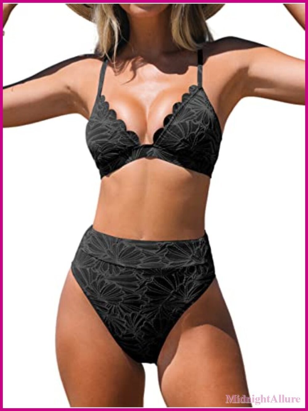 High Rise Scalloped Bikini Set V Neck Wrap Front Removable Pads